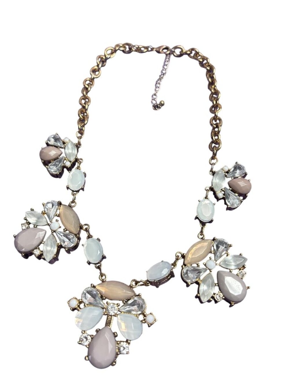 Goldtone Clear White Mauve Rhinestone Bib Necklace Statement 17 - 20 inches Long